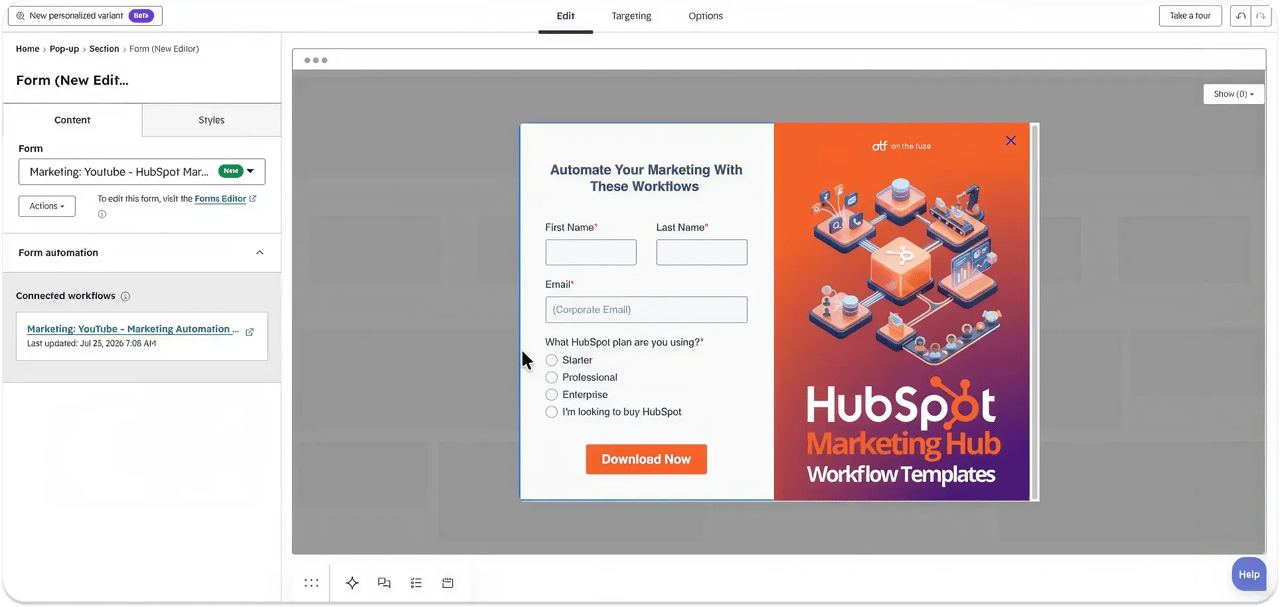 Screenshot of HubSpot's pop-up form editor featuring a lead generation form connected to a marketing automation workflow and promoting HubSpot Marketing Hub Workflow Templates.