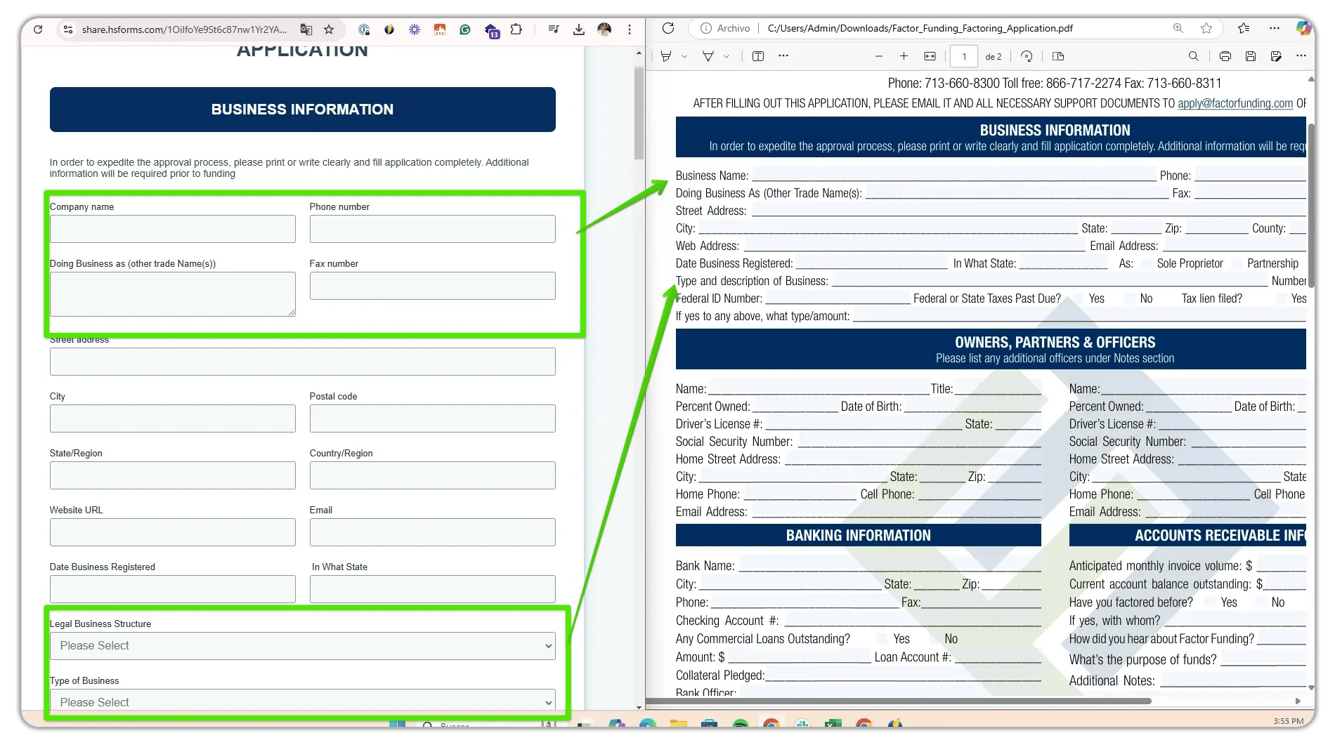 HubSpot form integration with Factor Funding PDF application showing field mapping between online business information form and downloadable factoring application document with corresponding fields highlighted