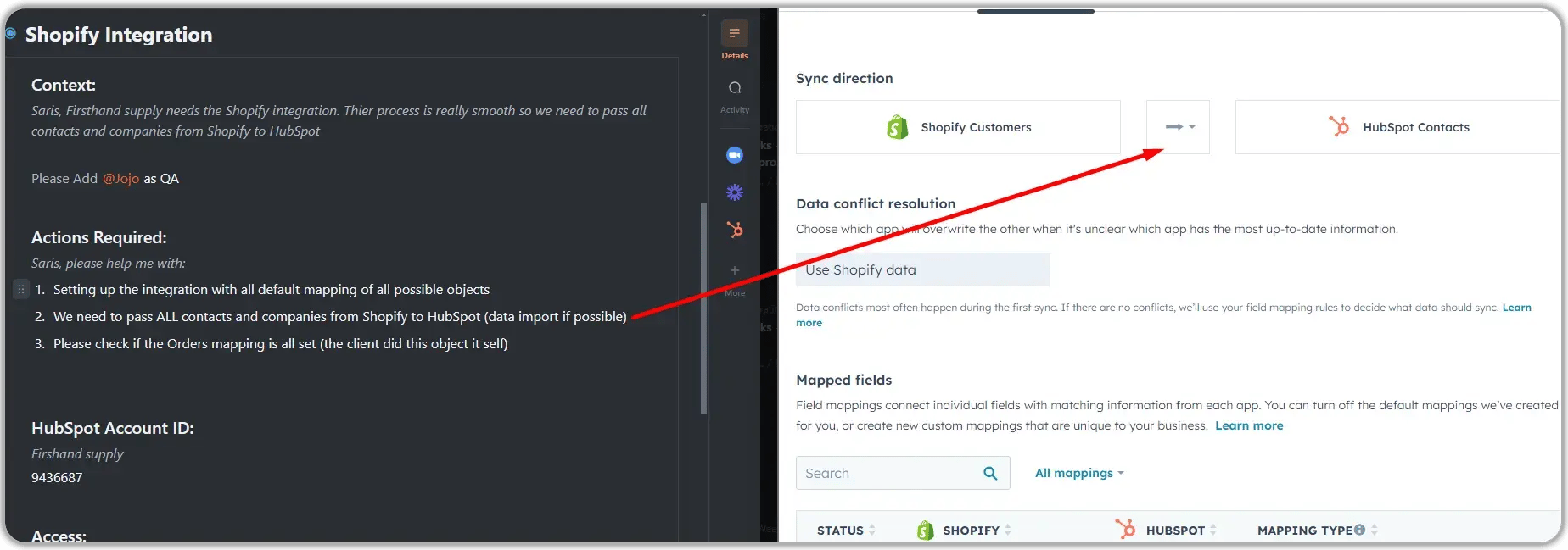 HubSpot Shopify integration setup screen showing sync direction from Shopify Customers to HubSpot Contacts with data conflict resolution settings and mapped fields configuration panel