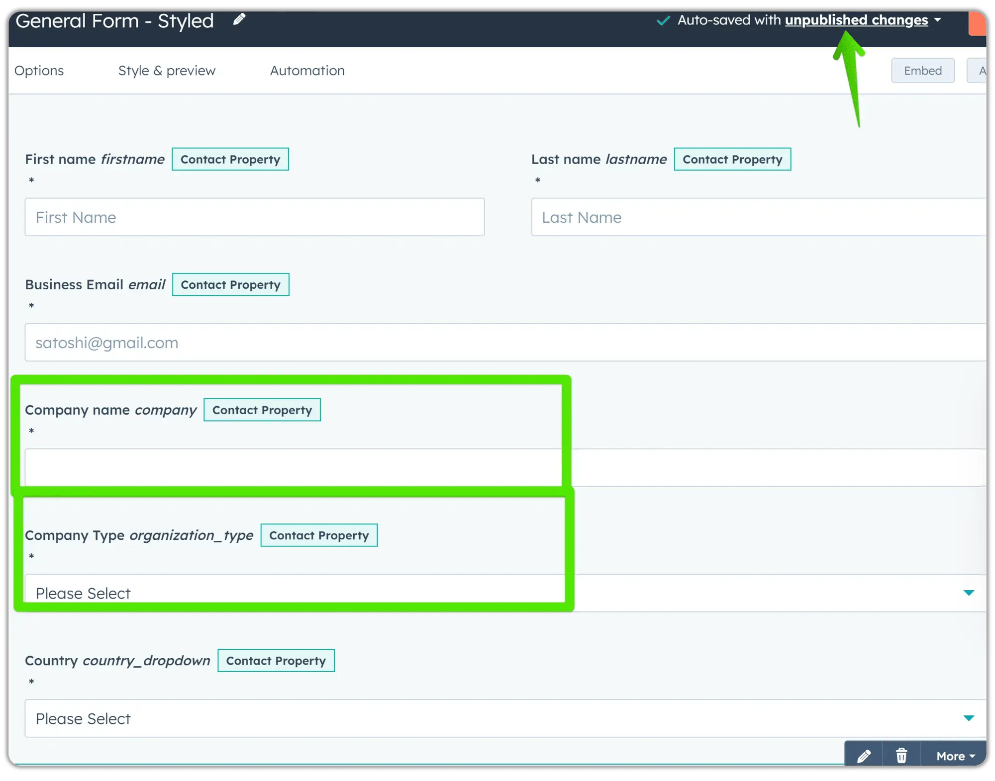 HubSpot form builder showing General Form with contact property fields, including first name, last name, business email, company name and company type, highlighted in green, with auto-saved unpublished changes notification
