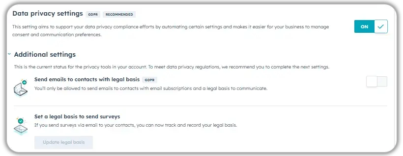 HubSpot data privacy settings page showing GDPR compliance enabled with additional settings for sending emails with legal basis and setting legal basis for surveys