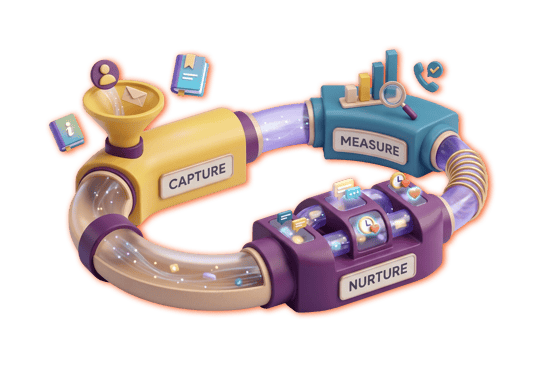 3D illustration of a continuous marketing loop showing three connected stages: Capture, Measure, and Nurture, linked by transparent tubes with icons representing leads, analytics, and customer engagement.