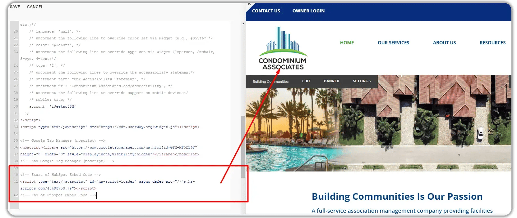 Condominium Associates website code editor showing HubSpot tracking code installation highlighted in footer alongside Google Tag Manager, with live website preview displaying homepage hero image and the "Building Communities Is Our Passion" tagline.