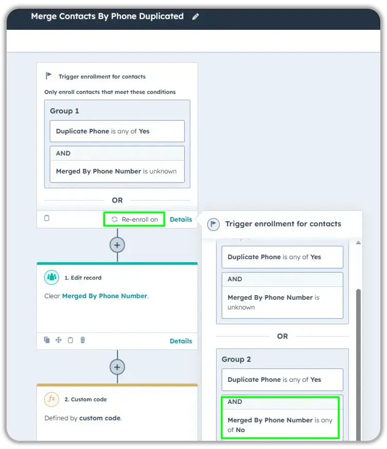 HubSpot workflow for merging contacts with duplicate phone numbers showing enrollment triggers for contacts where Duplicate Phone is Yes and Merged By Phone Number is unknown or No, followed by edit record action clearing merge status and custom code execution