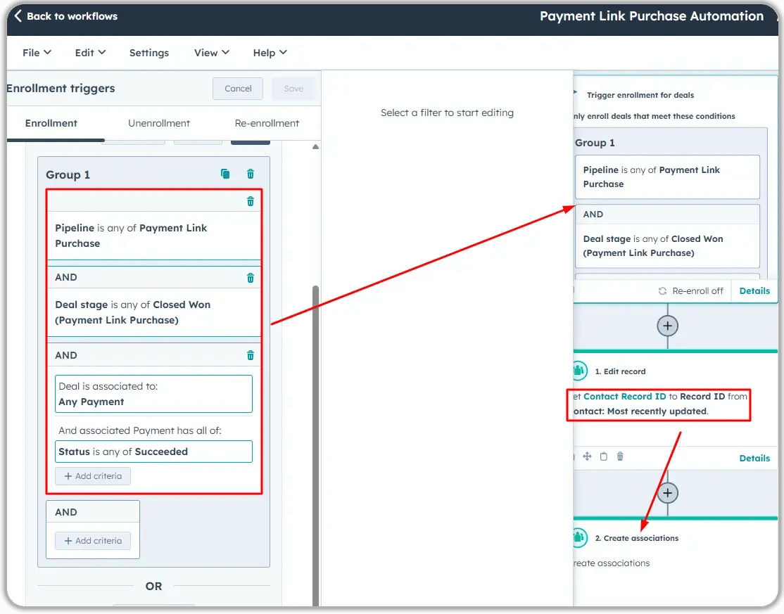 HubSpot workflow automation for Payment Link Purchase showing enrollment triggers filtering for Closed Won deals with succeeded payment status, followed by contact record editing and association creation actions