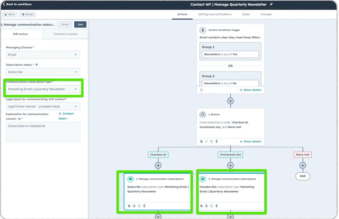 HubSpot workflow builder showing quarterly newsletter subscription management with contact enrollment filters, branch logic checking newsletter preferences, and automated subscribe/unsubscribe actions for Marketing Email communication type