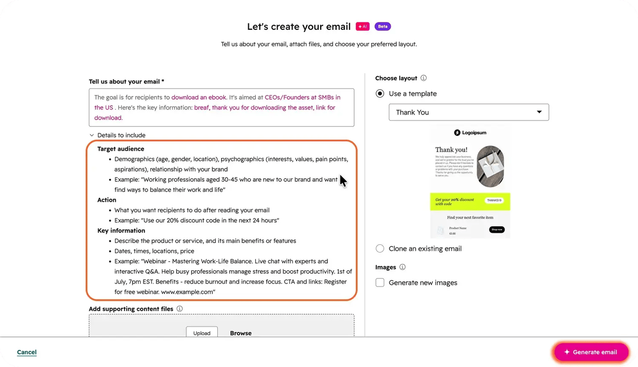 Screenshot of an AI email creation tool with a prompt field, expanded guidance for audience, actions, and key details, a "Thank You" template preview, options to clone an email or generate images, and a "Generate email" button.