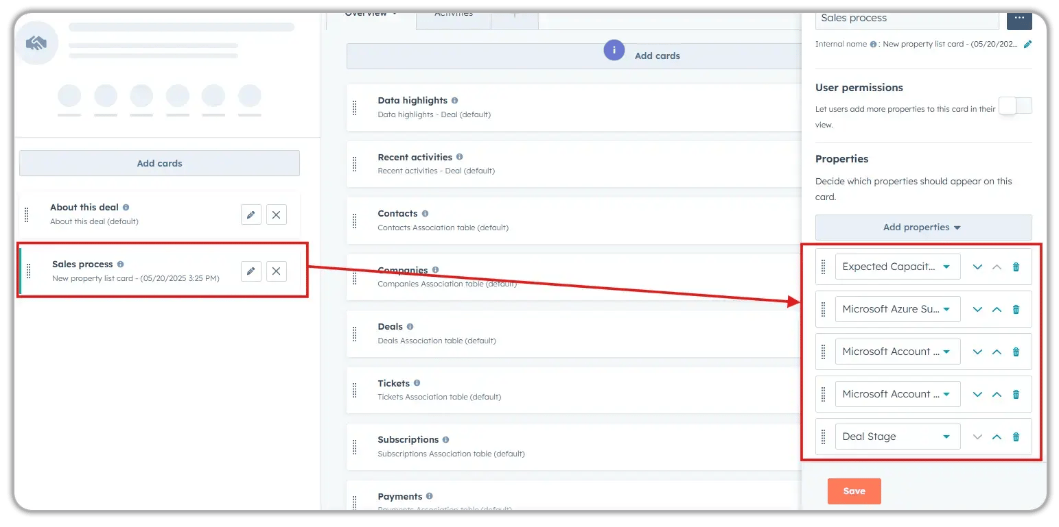 HubSpot deal record customization showing Sales process card creation with custom properties including Expected Capacity, Microsoft Azure subscription fields, Microsoft Account properties, and Deal Stage being added to the card view