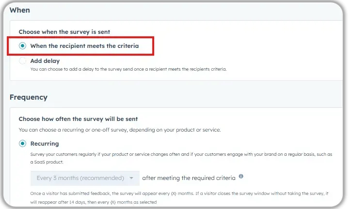 HubSpot survey automation settings showing When trigger set to recipient meets criteria and Frequency set to Recurring every 3 months after meeting required criteria