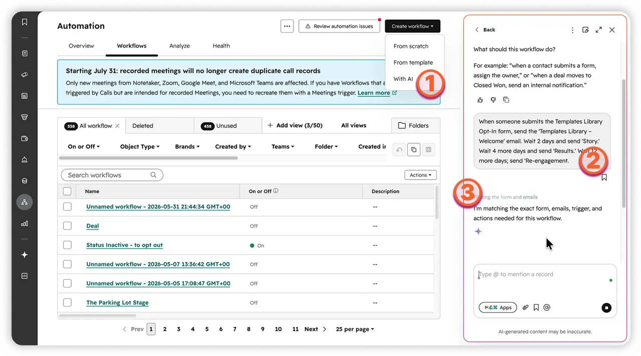 Screenshot of HubSpot's AI workflow builder showing workflow creation options and an AI assistant generating an automation from a natural language prompt.
