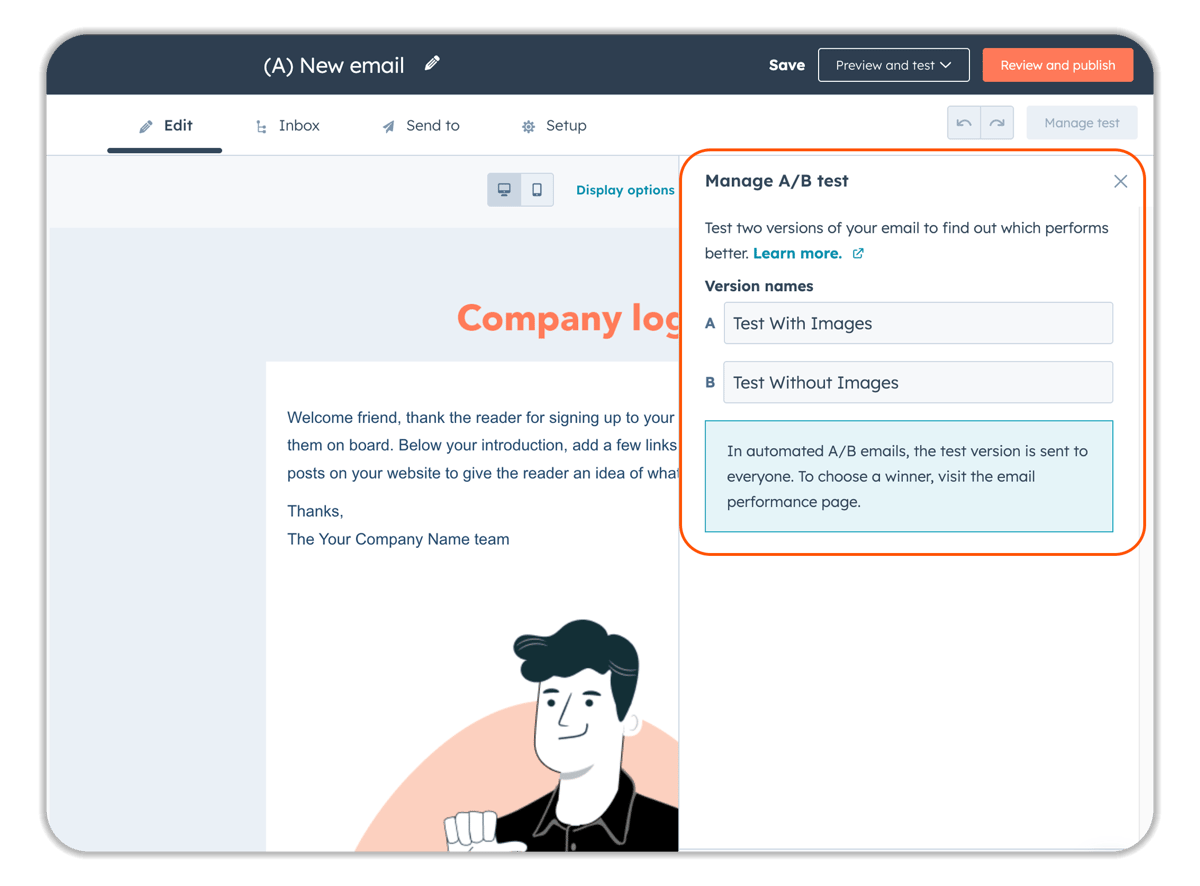 HubSpot email editor with A/B test panel open, showing test versions A: "With Images" and B: "Without Images".
