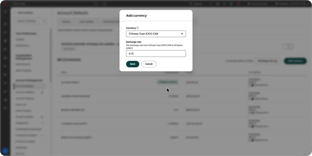 HubSpot Add Currency dialog showing Chinese Yuan (CNY) selected with an exchange rate of 0.15 USD, plus Save and Cancel buttons.