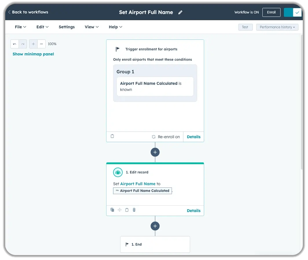 HubSpot workflow automation titled "Set Airport Full Name" showing enrollment trigger for airports with calculated full names, followed by edit record action to populate Airport Full Name field with calculated values for aviation CRM data management.