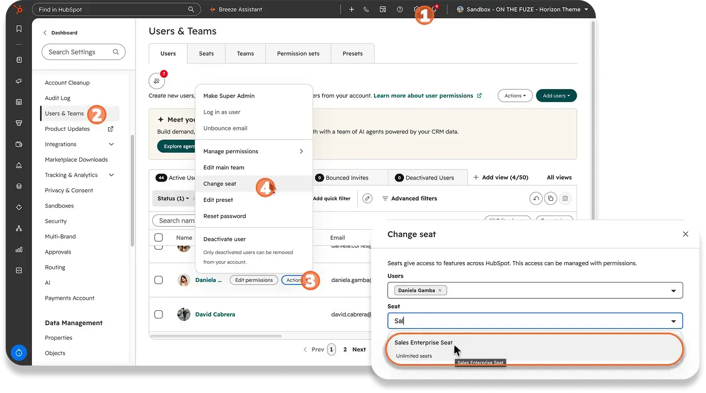 Screenshot of HubSpot settings showing how to assign a Sales seat in four numbered steps: click the settings gear, open Users &amp; Teams, click Actions next to a user, and choose Change seat. Then select Sales Enterprise Seat in the Change seat panel.