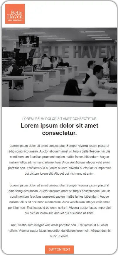 Belle Haven Investments case study template mockup featuring company logo, black and white office photo with team members working at desks, lorem ipsum placeholder text sections, and call-to-action button at bottom