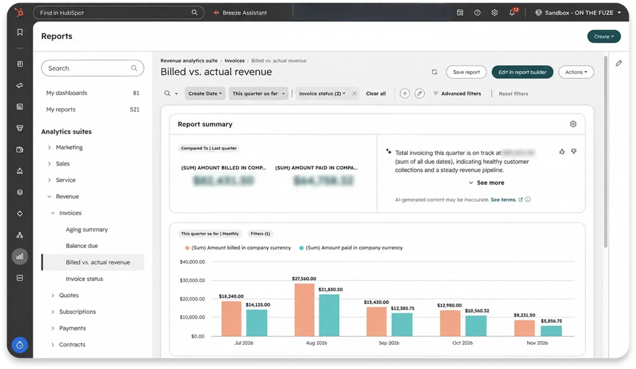 HubSpot Billed vs. actual revenue report comparing amount billed against amount paid by month from July to November 2026, with billed consistently above paid.