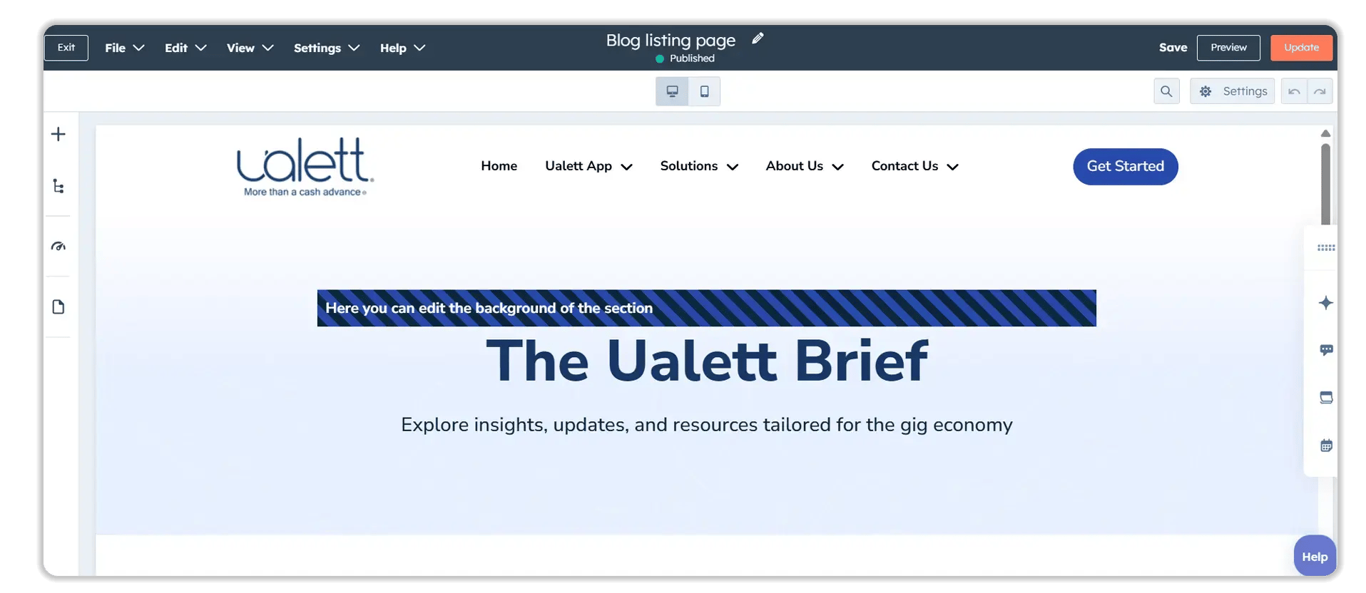 HubSpot editor screenshot showing Ualett's blog template with branded header, navigation menu, and 'The Ualett Brief' blog title focused on gig economy content.