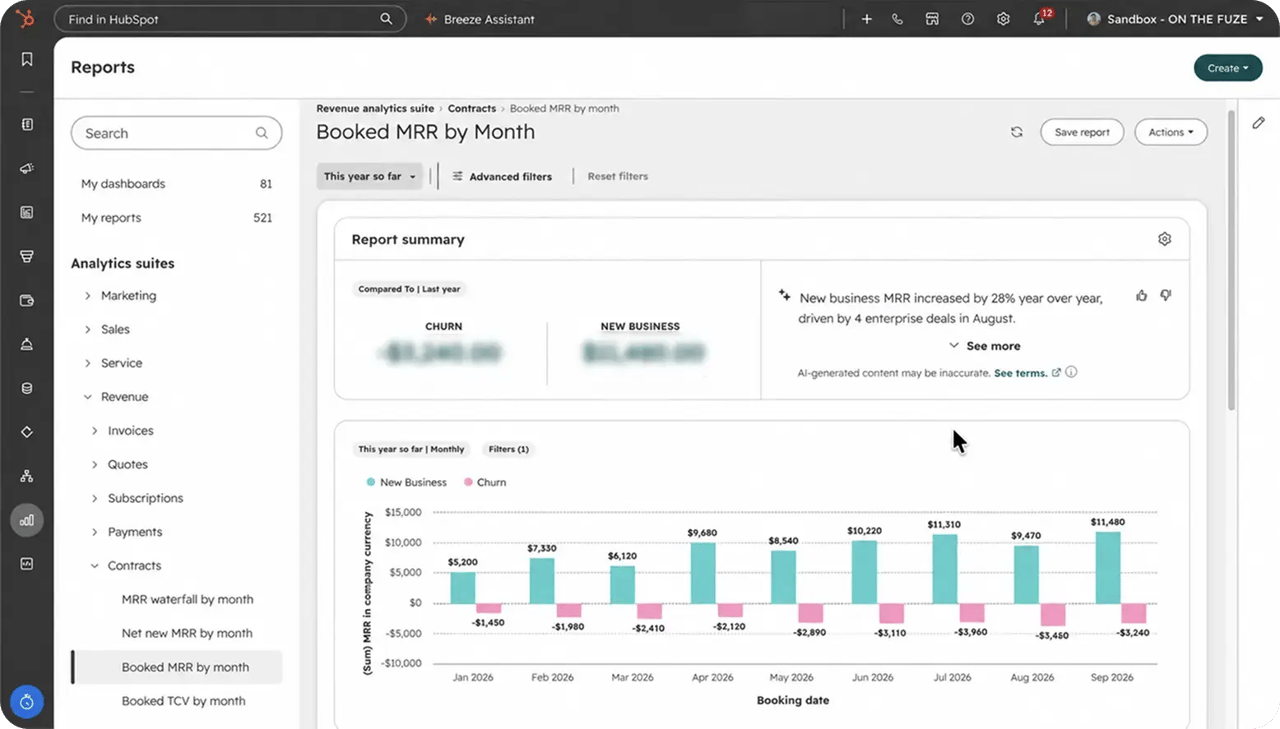 HubSpot Booked MRR by Month report showing new business and churn bars for January through September 2026, with new business rising from $5,200 to $11,480.