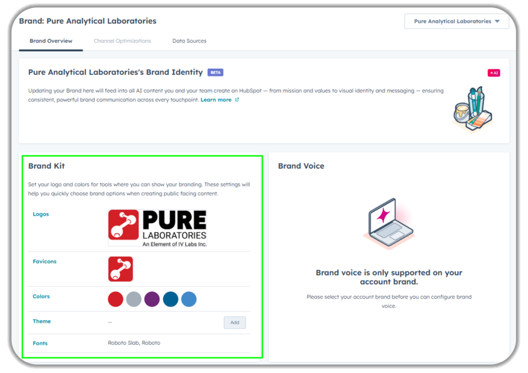 HubSpot Brand Identity configuration interface for Pure Analytical Laboratories showing Brand Kit setup with company logo, favicons, color palette (red, gray, purple, and blue tones), Roboto font selection, and Brand Voice settings for consistent marketing materials.