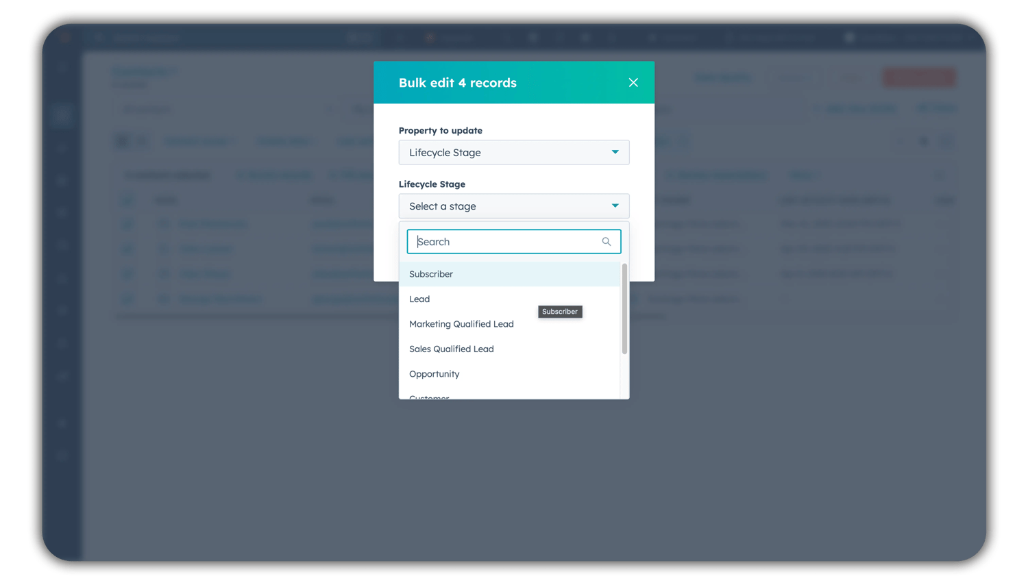 HubSpot bulk edit modal for 4 records, updating the Lifecycle Stage property. Dropdown shows available stages: Subscriber, Lead, Marketing Qualified Lead, Sales Qualified Lead, Opportunity, and Customer—with a search field and "Subscriber" tooltip visible.