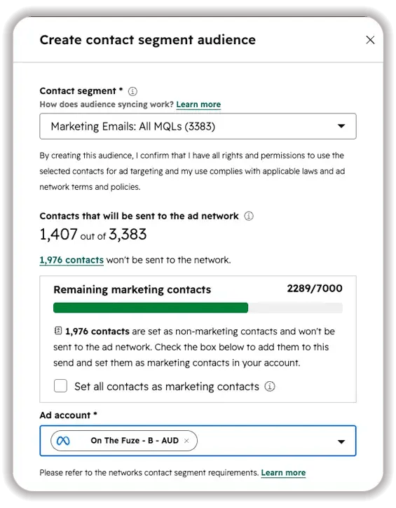 HubSpot's "Create contact segment audience" dialog. A contact segment, "Marketing Emails: All MQLs (3383)," is selected, showing 1,407 of 3,383 contacts will sync to the ad network while 1,976 non-marketing contacts are excluded. A Meta ad account is chosen at the bottom.