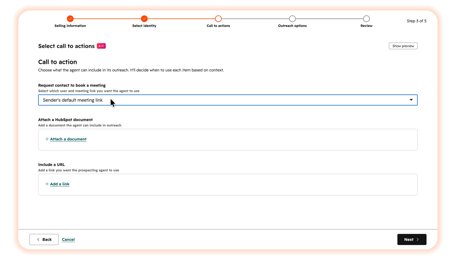 HubSpot Prospecting Agent setup — Step 3 of 5: Select call to actions, with options to add a meeting link, attach a document, or include a URL.
