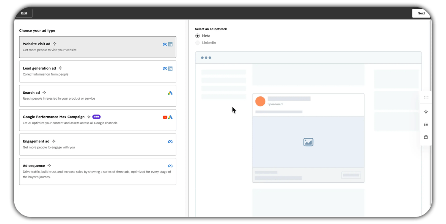 HubSpot Ads' "Manage" dashboard showing campaign metrics—103K impressions, 859 clicks at $2.74 each, 140 contacts at $16.84 each, 0 deals—plus an Amount Spent and ROI panel, above a table of one active and several paused Meta lead-gen ad campaigns.