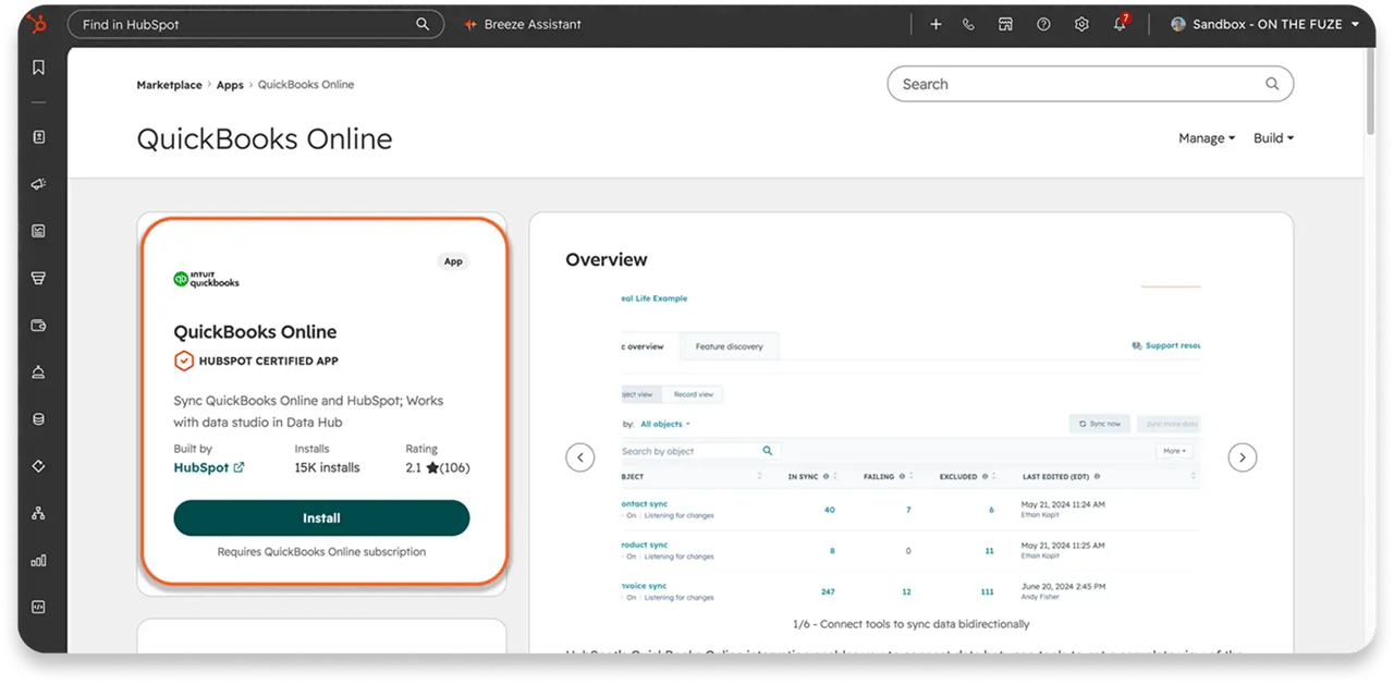 HubSpot Marketplace listing for QuickBooks Online, a HubSpot-certified app built by HubSpot with 15K installs. The Install button is highlighted and notes it requires a QuickBooks Online subscription. The overview shows sync status for contacts, products, and invoices.