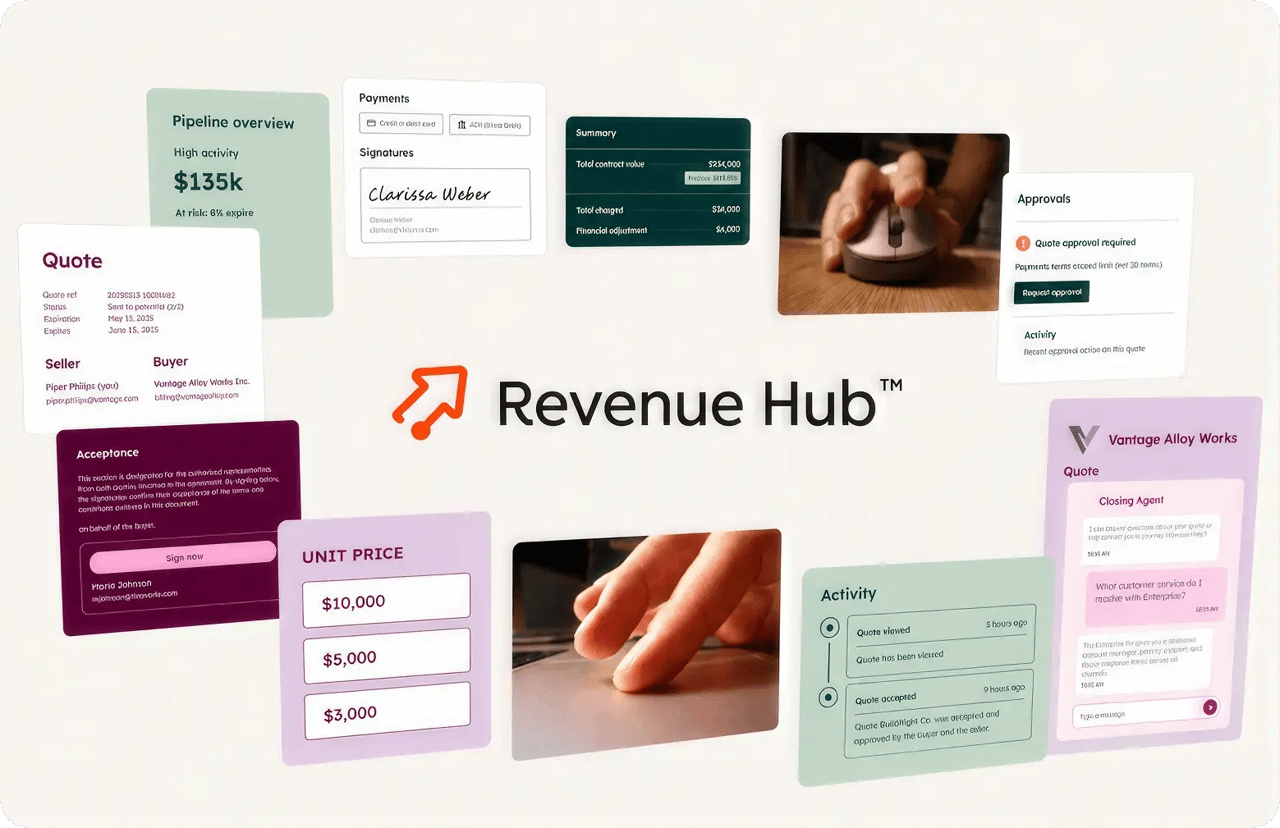 Revenue Hub marketing collage showing sales workflow UI cards: quote details, pipeline overview ($135k), payment methods, signatures, contract summary, approval requests, and activity timeline, arranged around the Revenue Hub logo and wordmark.