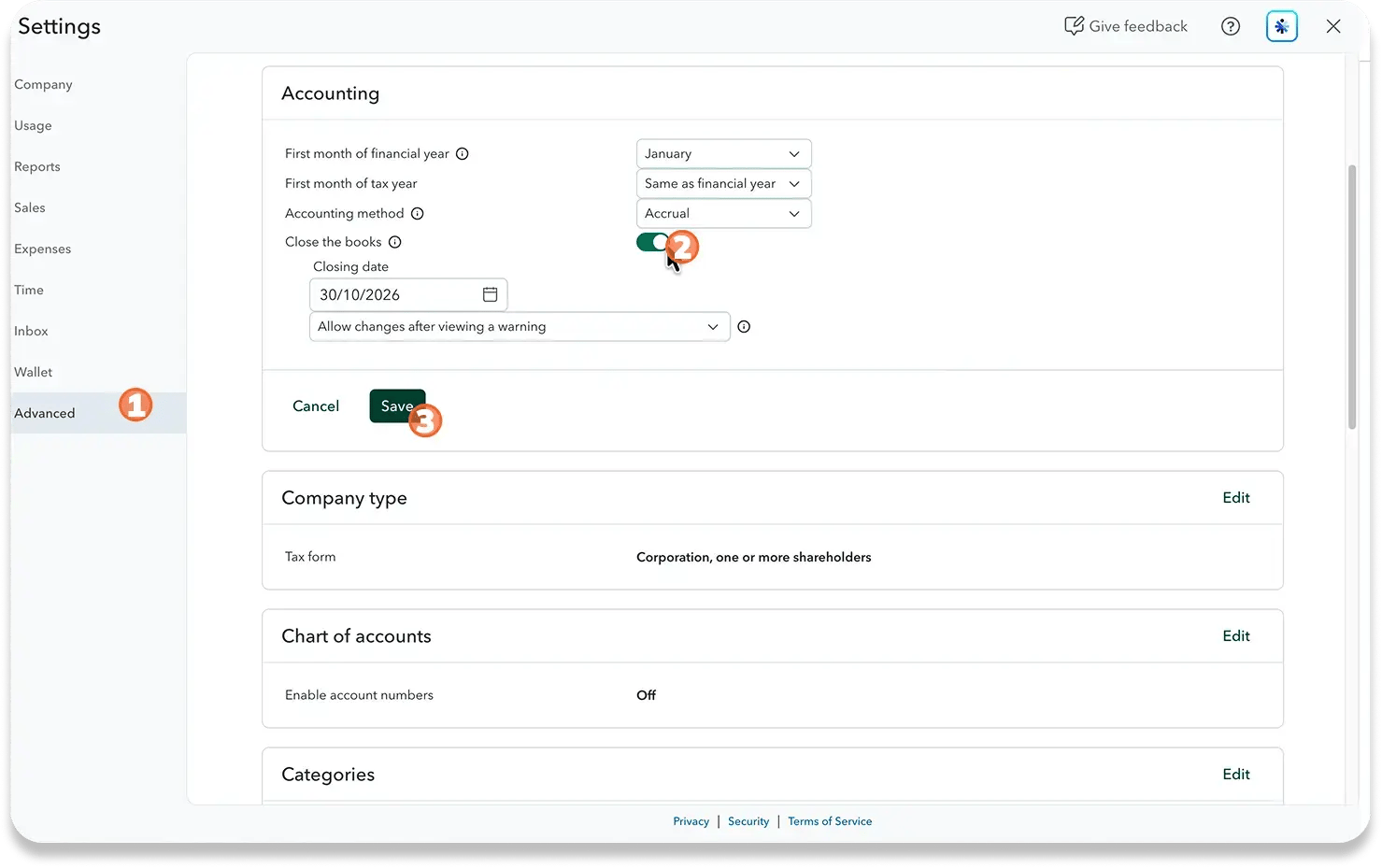 Screenshot of the Advanced settings page in three numbered steps: open Advanced, turn on Close the books in the Accounting section, and click Save. The closing date is set to 30/10/2026, and the setting is "Allow changes after viewing a warning."