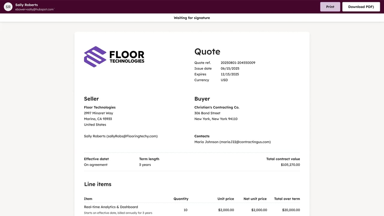 Buyer's view of a published HubSpot quote marked "waiting for signature," with a branded header, quote reference and expiry dates, seller and buyer details, a three-year term and total contract value, and the first line item priced per unit and over the term, plus print and PDF options.