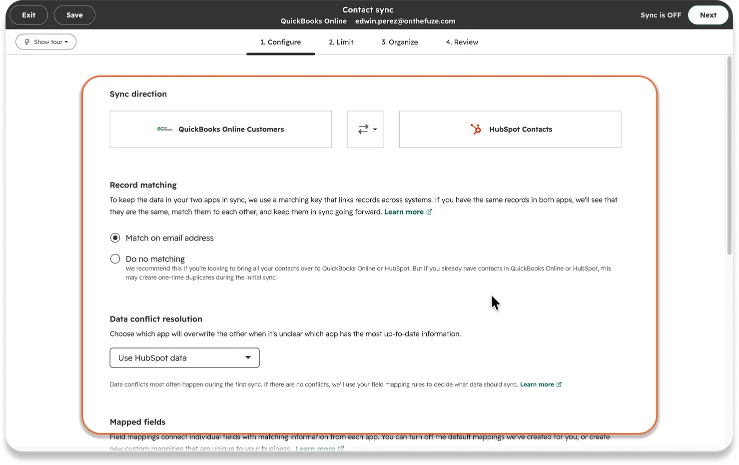 Screenshot of the Configure step for setting up Contact sync between QuickBooks Online and HubSpot. The highlighted section shows a two-way sync between QuickBooks customers and HubSpot contacts, records matched by email address, and conflicts set to use HubSpot data.
