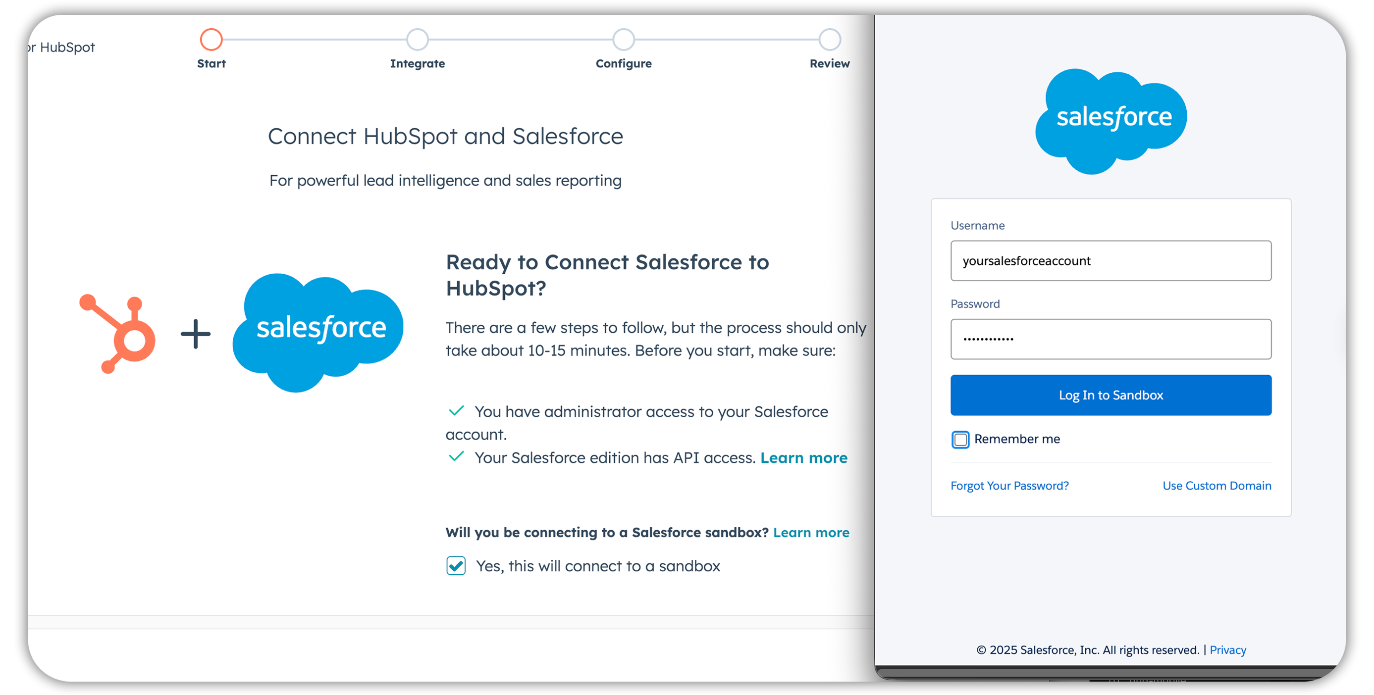 HubSpot-Salesforce integration wizard displaying authentication page with admin access requirements and API setup checklist for connecting platforms
