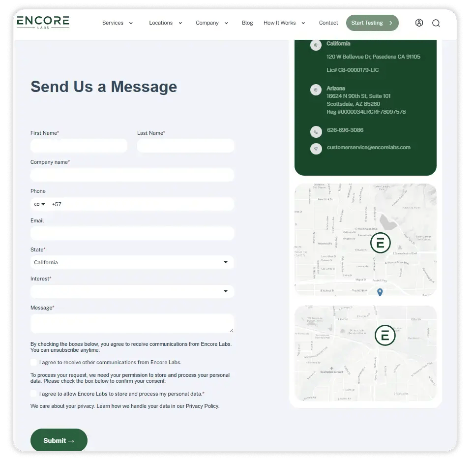 Encore Labs contact page with a "Send Us a Message" form — name, company, phone, email, state, interest, and message fields plus consent checkboxes — beside a panel of California and Arizona location details and maps.