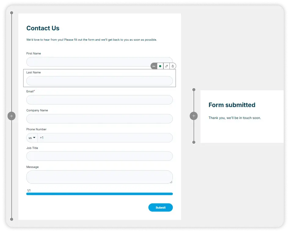 HubSpot form editor showing a Contact Us form with name, email, company, phone, job title, and message fields, next to the "Form submitted" thank-you step.