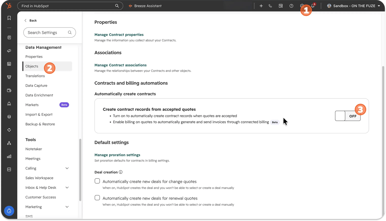 Numbered steps in HubSpot contract settings: step 1 the settings gear, step 2 Objects in the Data Management menu, step 3 the toggle for creating contract records from accepted quotes, currently off, alongside proration defaults and deal creation options for change and renewal quotes.