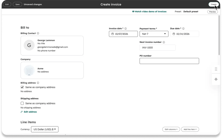 Screenshot of HubSpot's Create invoice screen, with the cursor on the Create button. The invoice bills a contact at the company Acme, dated 10/07/2026 with Net 7 terms, due 10/14/2026, and numbered INV-1003. Below are address options and a Line items section in USD.