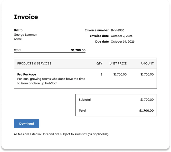 Customer view of invoice INV-1003 billed to Acme, dated October 7, 2026 and due October 14, 2026. It lists one Pro Package, a service for lean teams that lack time to learn or clean up HubSpot, at $1,700.00 total in USD, with a Download button.