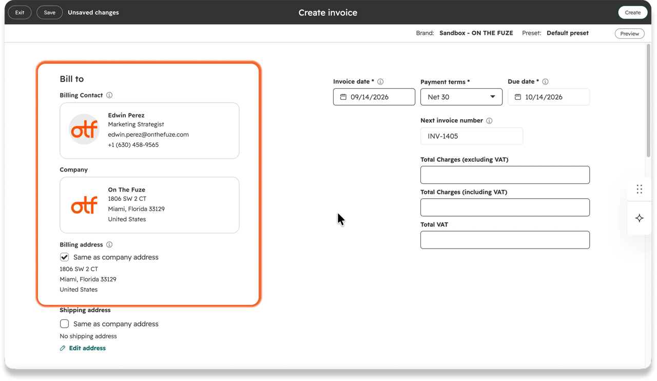 The Bill to section of HubSpot's Create invoice screen, showing the billing contact, company, and billing address alongside Net 30 payment terms.