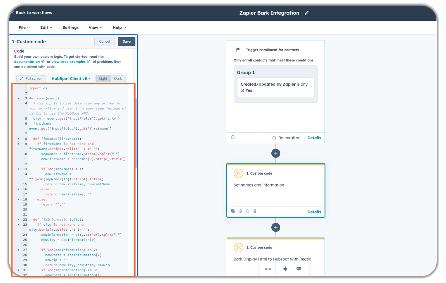 HubSpot workflow automation showing Zapier Bark integration with a custom code editor for data processing and enrollment triggers, enabling automated contact management and lead qualification from Bark marketplace submissions.