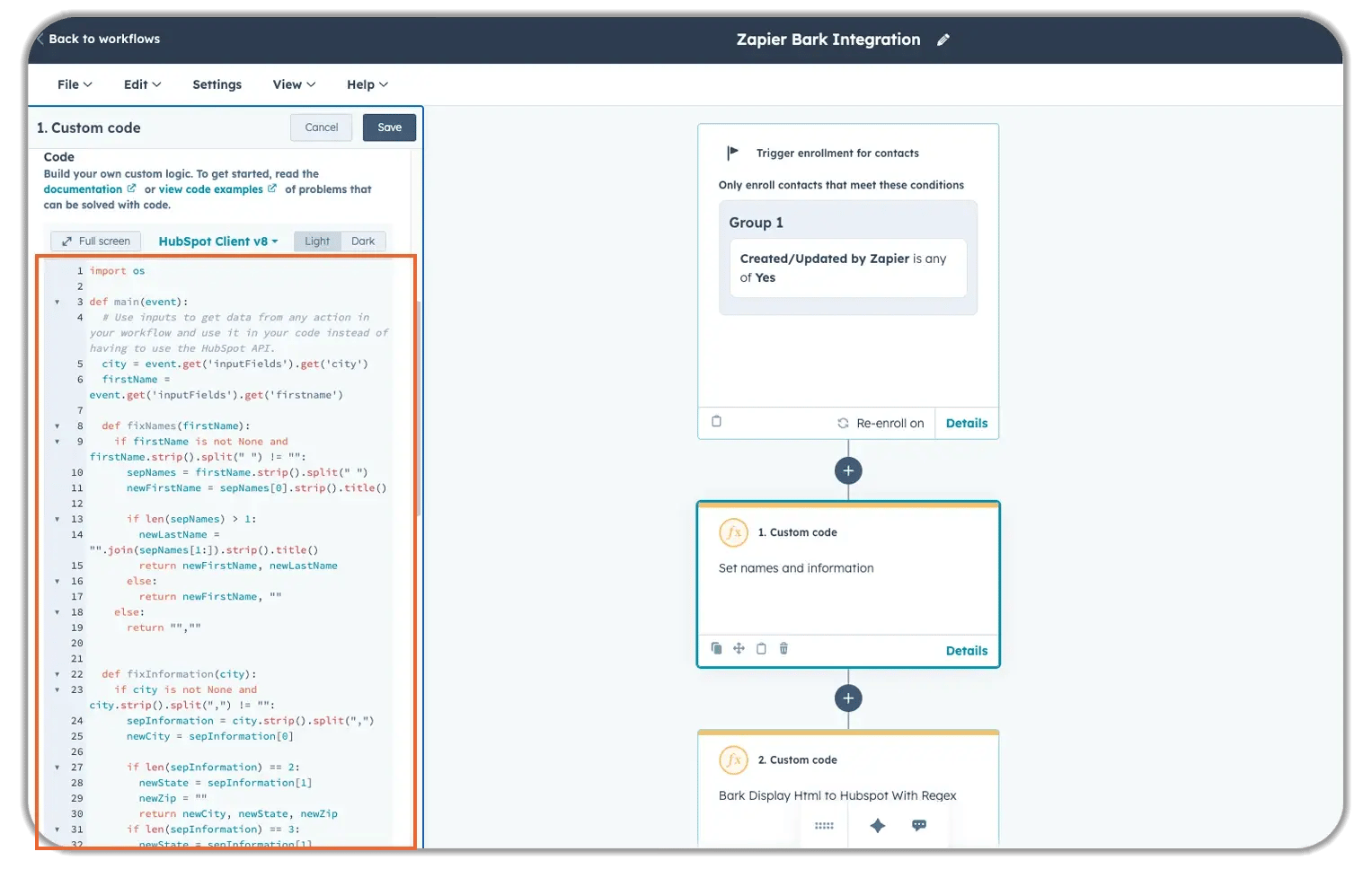 HubSpot workflow automation showing Zapier Bark integration with a custom code editor for data processing and enrollment triggers, enabling automated contact management and lead qualification from Bark marketplace submissions.