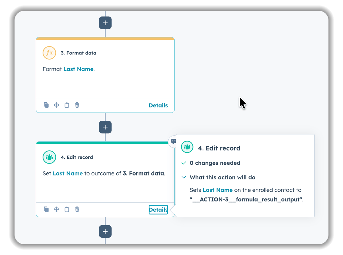 HubSpot workflow showing Format data action that formats the Last Name field, followed by an Edit record action that sets Last Name to the formatted output with the details panel displaying the formula result variable.
