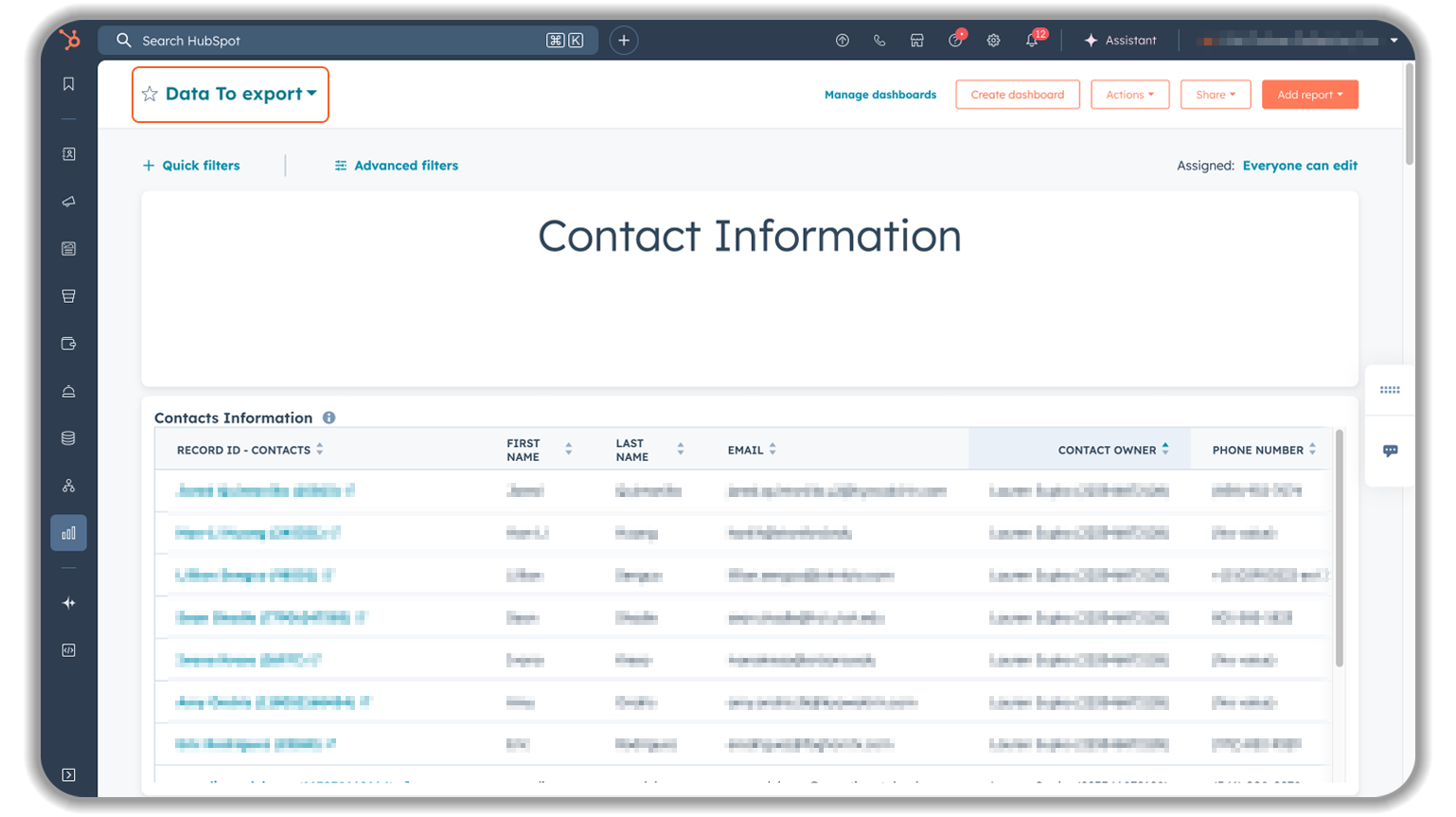 HubSpot contact information dashboard showing CRM contact database with columns for first name, last name, email, contact owner, and phone number with data export options