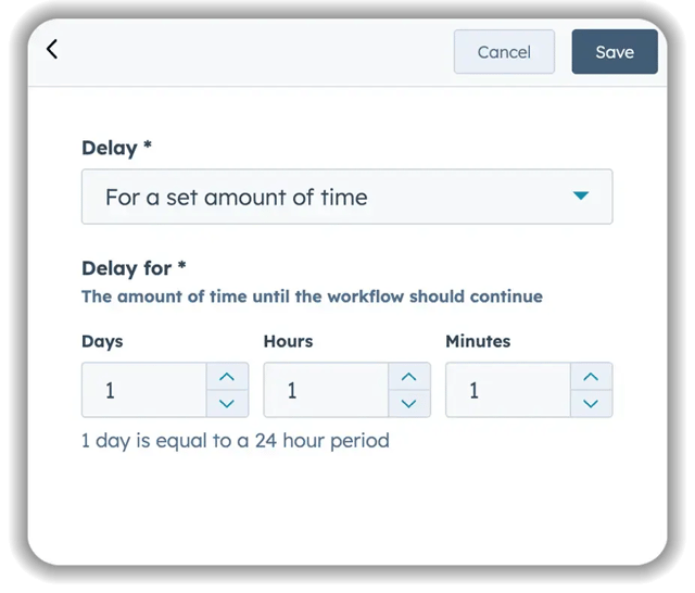 HubSpot workflow delay action settings showing options to delay for a set amount of time with input fields for days, hours, and minutes, each defaulting to 1, with a note that 1 day equals a 24-hour period.