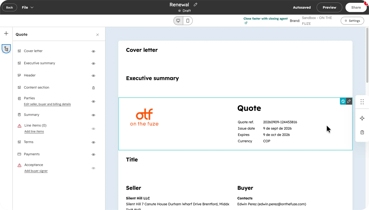 HubSpot quote editor in draft, showing the customizable quote template sections in the left panel—cover letter, executive summary, header, parties, line items, terms, payments, and acceptance—beside a live preview of the quote header with reference number and expiry date.
