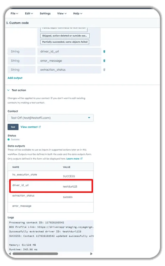 HubSpot custom code workflow testing interface showing successful driver ID extraction (testdur123) from contact processing, with data outputs and logs displaying contact ID processing, memory usage, and runtime statistics for automated workflow validation.