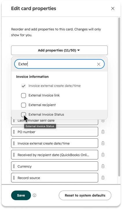 The Edit card properties panel on a HubSpot invoice record, with External Invoice Status being added so it displays on the record.