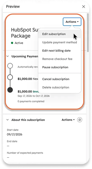 A screenshot of an Active HubSpot subscription in the preview panel, with the Actions menu open and highlighted in orange. Options include Edit subscription, Edit next billing date, Pause, and Cancel, while Update payment method and Delete subscription are greyed out.