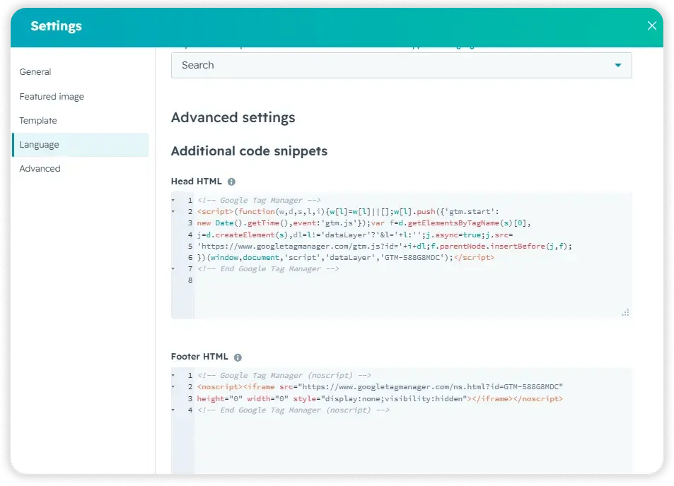 HubSpot page Settings modal on the Language tab, showing Advanced settings with Google Tag Manager code pasted into the Head HTML and Footer HTML snippet fields.