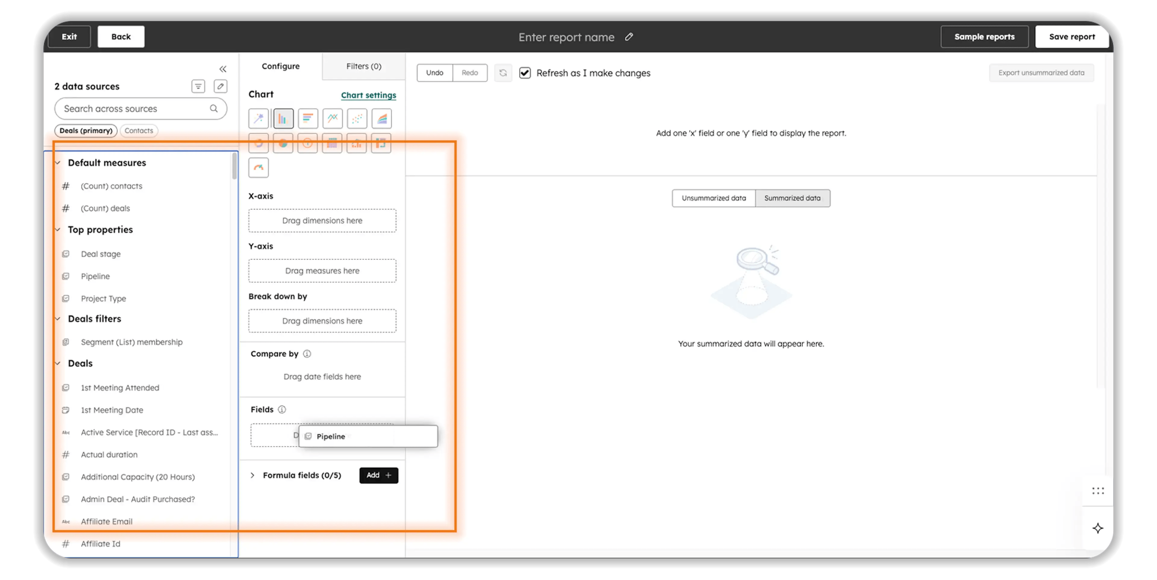 A screenshot of a custom report builder interface. The left sidebar, highlighted in orange, lists data fields under categories like "Default measures" and "Top properties." In the middle Configure panel, a user is dragging the "Pipeline" property into the "Fields" drop zone to build a chart.